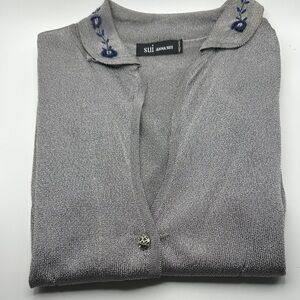 Exquisite Anna Sui Silver Long Sleeve Cardigan with Embroidered Collar